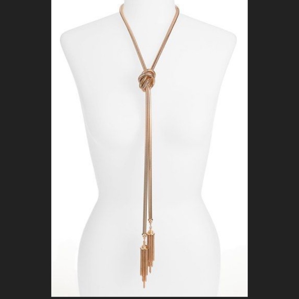 Kendra Scott McKayla necklace rose gold snake chain with tassels.